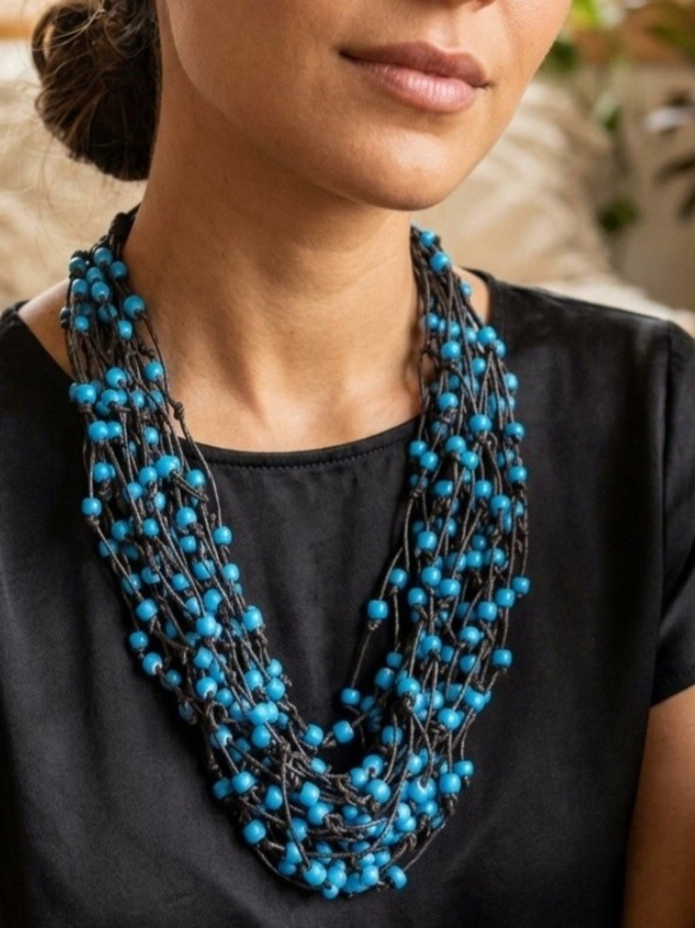 Boho Multi-Strand Blue Glass Bead Necklace & Matching Bracelet Set Artisan